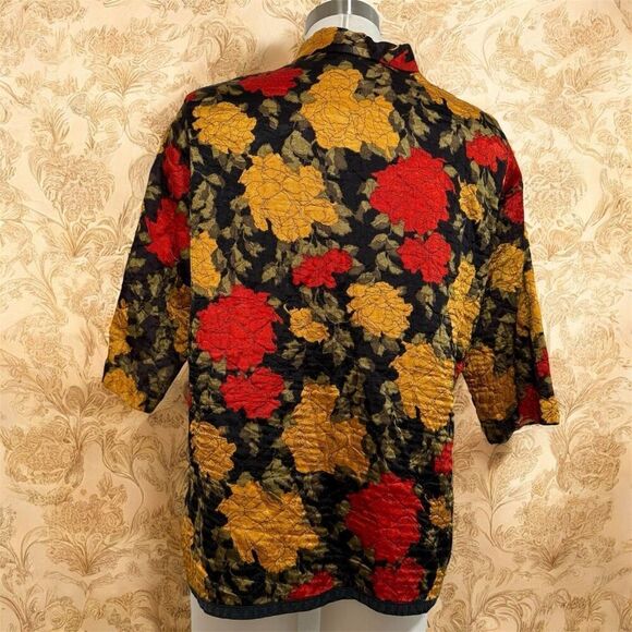 Vintage 1960s Quilted Floral Butterfly Jacket Red Yellow Blazer Medium - Picture 3 of 8